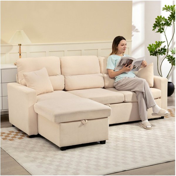 HOMCOM Ecksofa L-Form Sofa, Schlafsofa mit Bettkasten, Kissen, Ecksofa 1 Teile, mit Stauraum, Beige