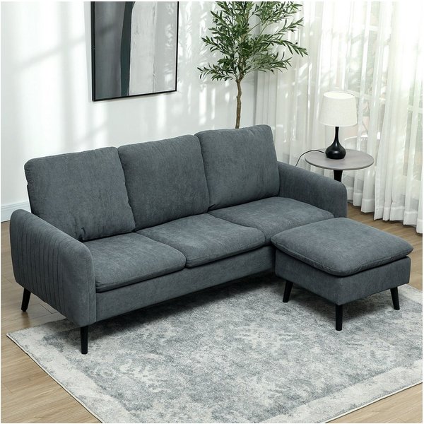 HOMCOM Ecksofa Sofa mit Fußhocker, 3 Wurfkissen, Cord-Optik für Wohnzimmer, Eckcouch 1 Teile, L-förmiges Couch, Dunkelgrau