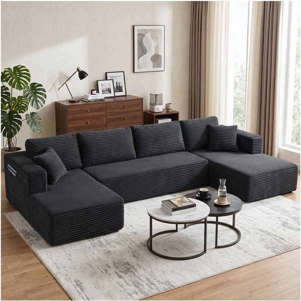 HOMCOM Ecksofa U-Form Sofa Boneless Schlafsofa mit 2 Chaiselongues, Set 3 Teile, modular, Cord, Federkern, ohne Montage