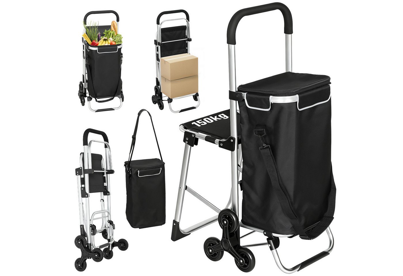 HOMCOM Einkaufstrolley 3-in-1 klappbar, klappbar Sitz, Einkaufswagen, 40 l, Sackkarre Umhängetasche Treppensteiger Schwarz – Bild 2 von 5