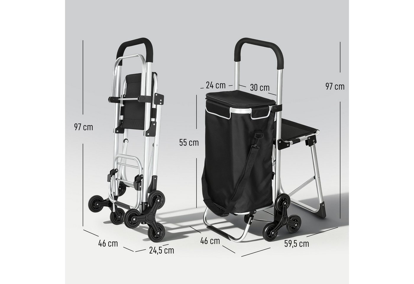 HOMCOM Einkaufstrolley 3-in-1 klappbar, klappbar Sitz, Einkaufswagen, 40 l, Sackkarre Umhängetasche Treppensteiger Schwarz – Bild 3 von 5