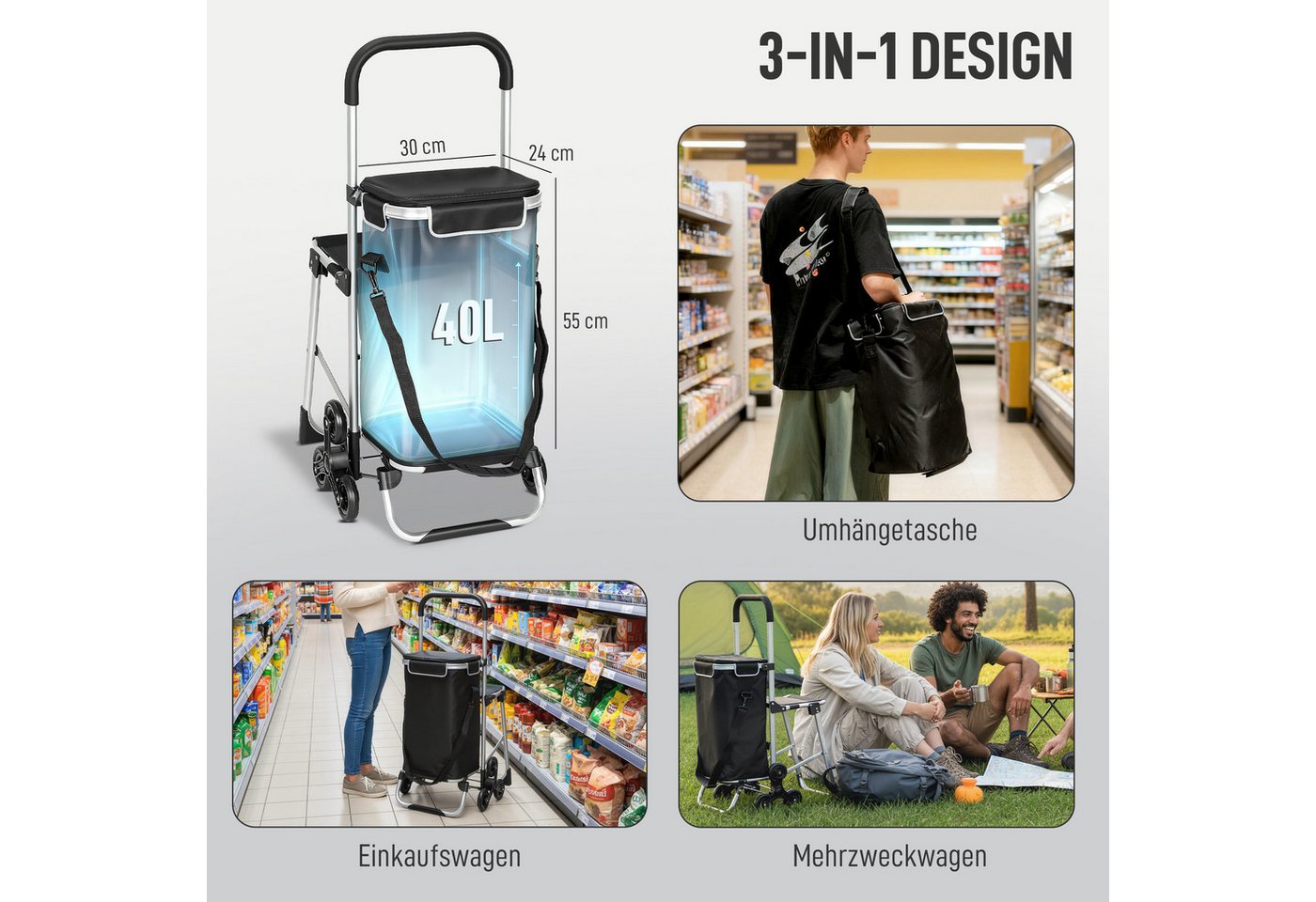 HOMCOM Einkaufstrolley 3-in-1 klappbar, klappbar Sitz, Einkaufswagen, 40 l, Sackkarre Umhängetasche Treppensteiger Schwarz – Bild 4 von 5