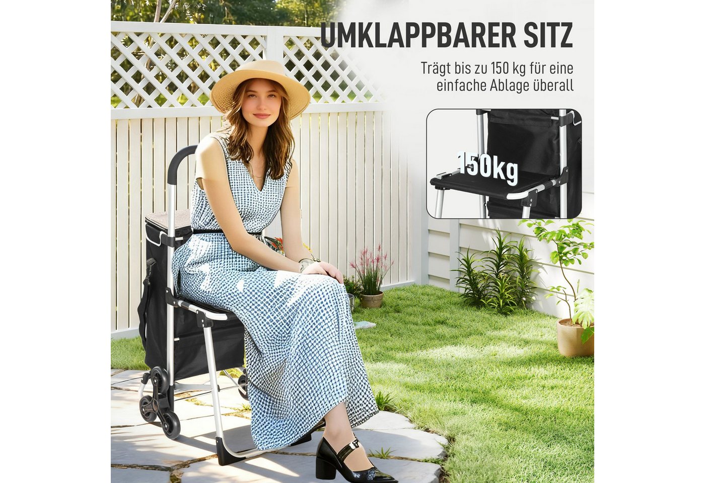 HOMCOM Einkaufstrolley 3-in-1 klappbar, klappbar Sitz, Einkaufswagen, 40 l, Sackkarre Umhängetasche Treppensteiger Schwarz – Bild 5 von 5