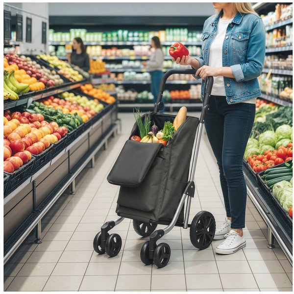 HOMCOM Einkaufstrolley Einkaufswagen Einkaufsroller mit abnehmbarer Tasche, 46 l, 3in1 klappbar, Kühlfach, 6 Räder