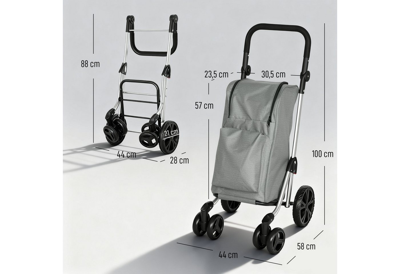 HOMCOM Einkaufstrolley Einkaufswagen Einkaufsroller mit abnehmbarer Tasche, 46 l, Aluminiumrahmen, Grau – Bild 3 von 5