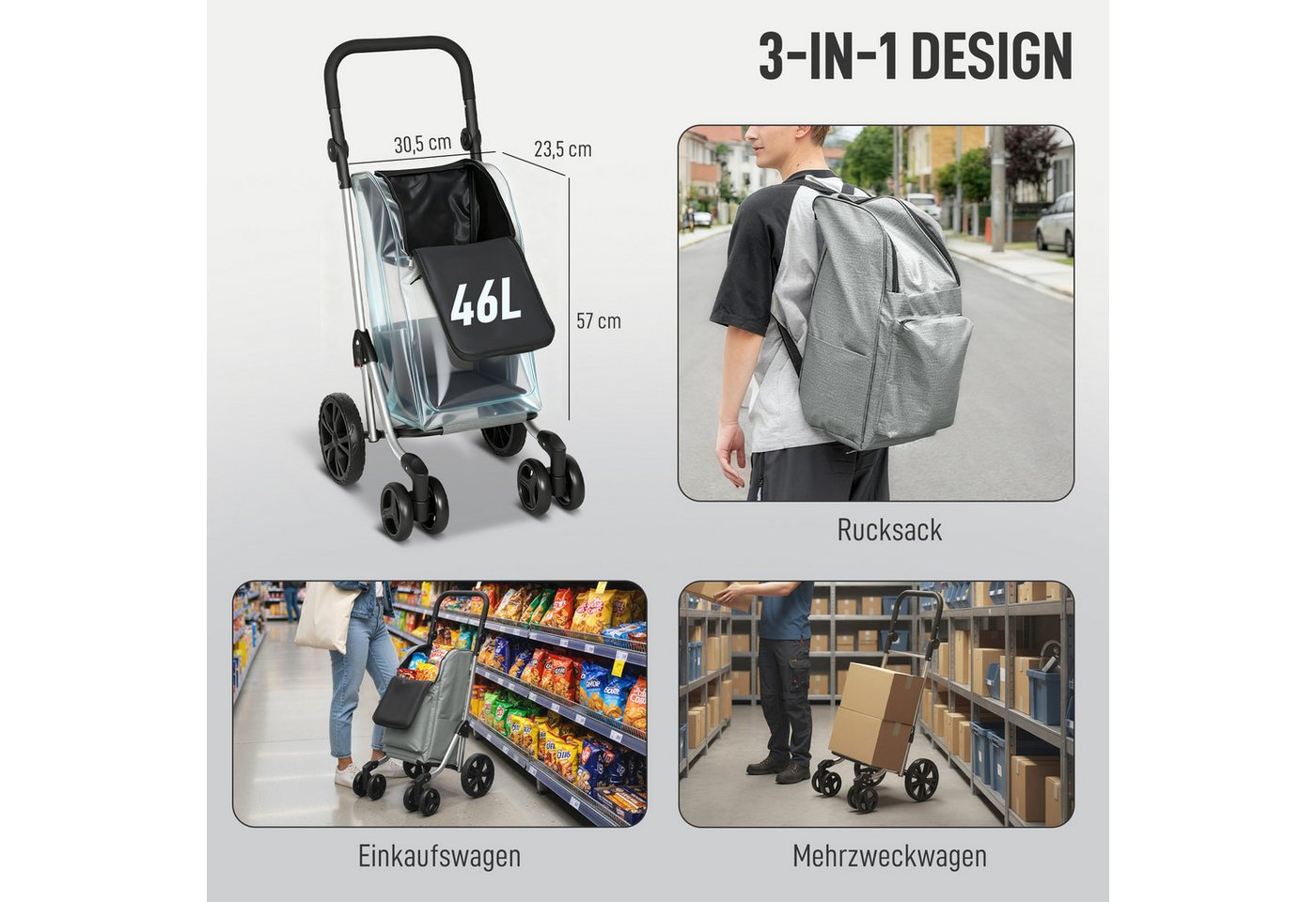HOMCOM Einkaufstrolley Einkaufswagen Einkaufsroller mit abnehmbarer Tasche, 46 l, Aluminiumrahmen, Grau – Bild 4 von 5