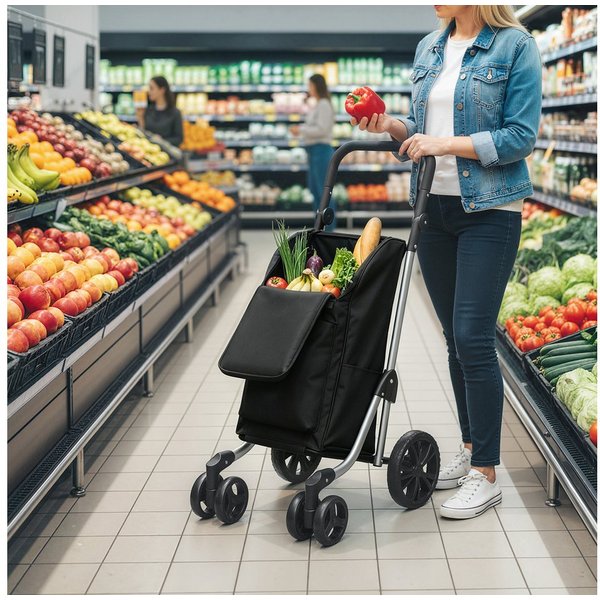 HOMCOM Einkaufstrolley Sackkarre Einkaufswagen mit abnehmbarer Tasche, 46 l, 3in1 klappbar, Kühlfach, 6 Räder