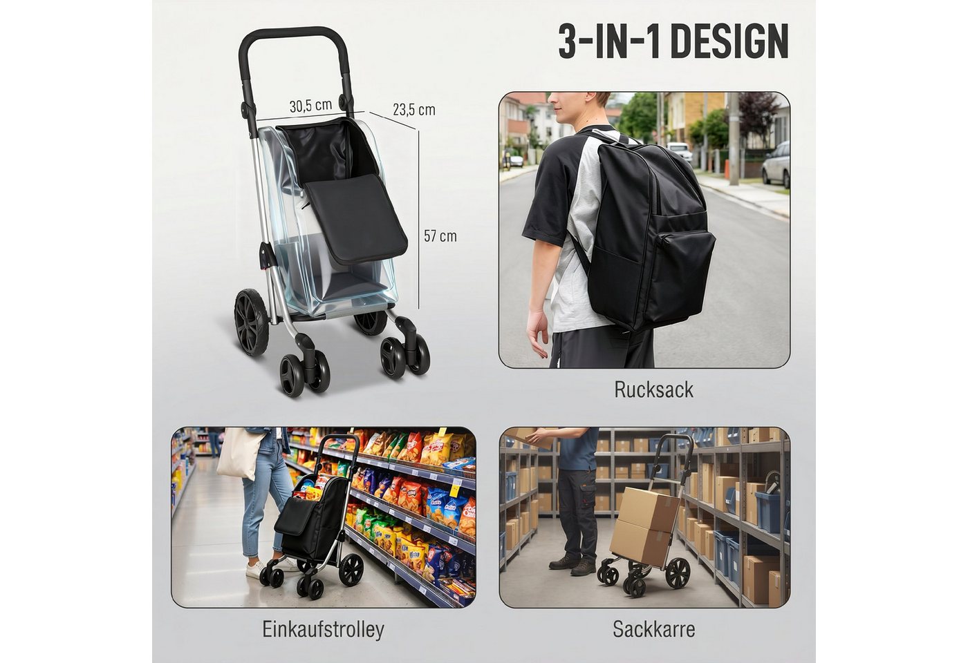 HOMCOM Einkaufstrolley Sackkarre Einkaufswagen mit abnehmbarer Tasche, 46 l, 3in1 klappbar, Kühlfach, 6 Räder – Bild 4 von 5