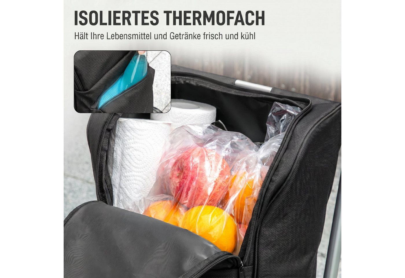 HOMCOM Einkaufstrolley Sackkarre Einkaufswagen mit abnehmbarer Tasche, 46 l, 3in1 klappbar, Kühlfach, 6 Räder – Bild 5 von 5