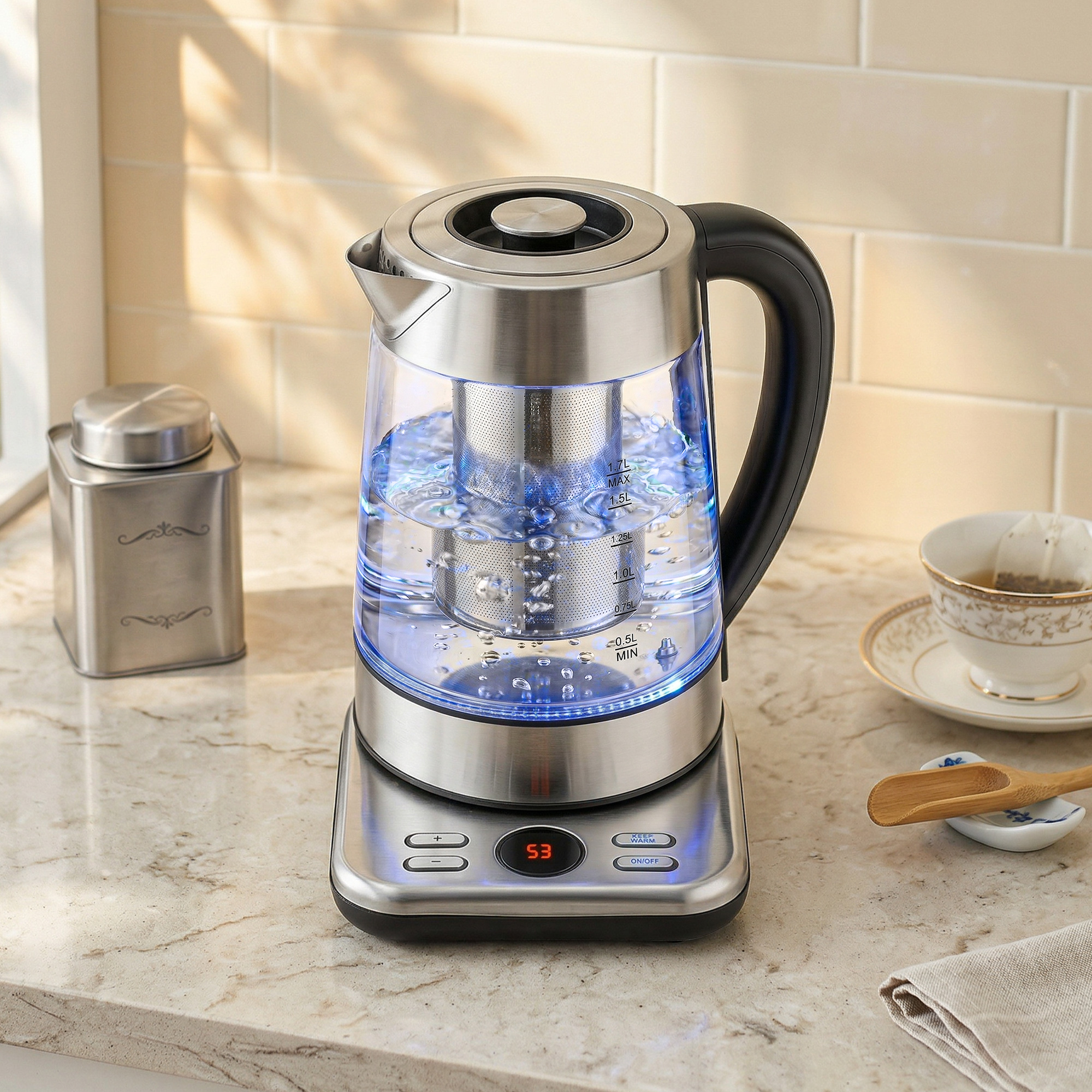 HOMCOM Elektrischer Wasserkocher, 1,7L Schnellkochender 2200W Wasserkocher mit UK Strix Thermostat, Teesieb, Warmhaltefunktion, Automatischer Abschaltung und Tr – Bild 2 von 2
