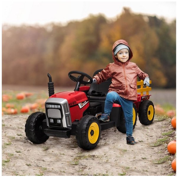 HOMCOM Elektro-Kinderauto Elektrischer Traktor, mit Anhänger, mit Fernbedienung, Belastbarkeit 30 kg, (2-tlg), für 3-6 Jahre Kinder, Rot