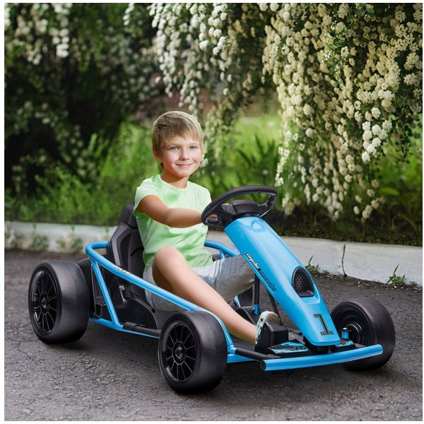 HOMCOM Elektro-Kinderauto Kinder Elektro Gokart 24 V Drift Kart mit Langsamem Start, Musik, Belastbarkeit 70 kg, (1-tlg), für 8-12 Jahre Kinder, Blau