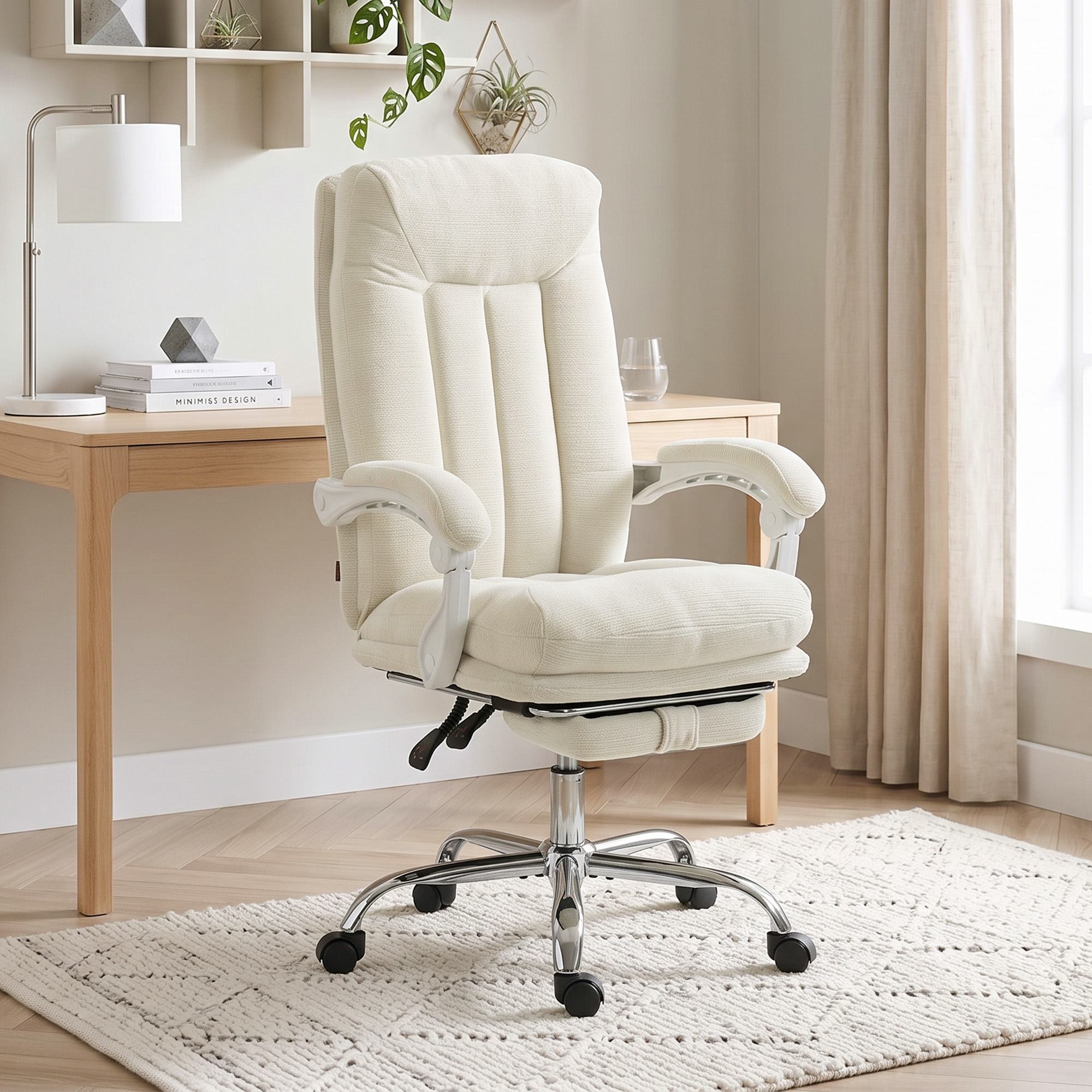 HOMCOM Ergonomischer Bürostuhl, Inclinierbarer Chenille-Bürosessel, Höhenverstellbar, Hohe Rückenlehne, Fußstütze, Dicke Polsterung, 360° drehbar, Creme Aosom – Bild 2 von 2