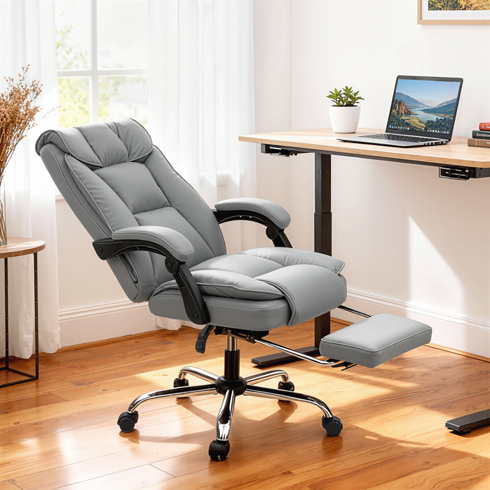 HOMCOM Ergonomischer Bürostuhl, neigbarer Bürosessel mit Fußstütze, höhenverstellbar, doppelschichtige Polsterung, 360° drehbar, kratz- und spritzwasserfester s – Bild 2 von 2