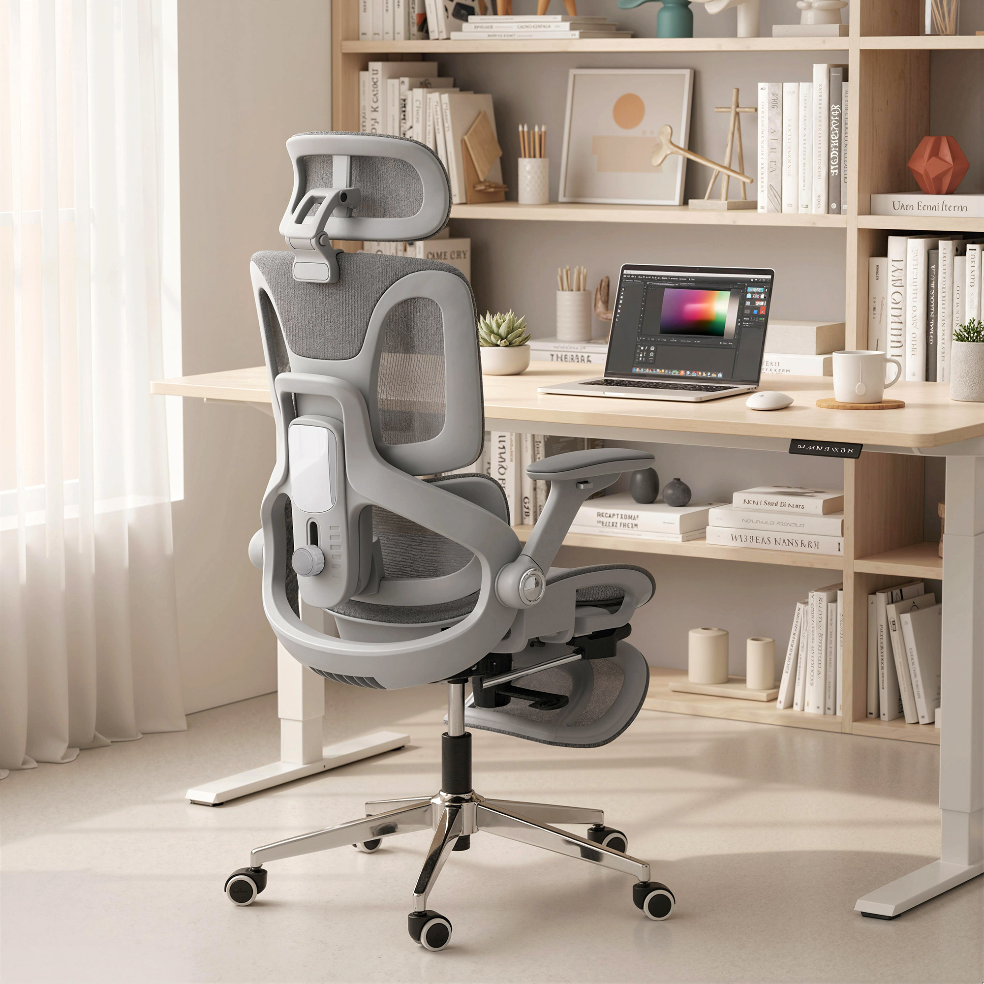 HOMCOM Ergonomischer Bürostuhl, Hoher Mesh-Rücken mit separater Rückenlehne, 4D klappbare Armlehnen, verstellbare Kopfstütze, Lendenstütze und Sitztiefe, Fußstü – Bild 2 von 2