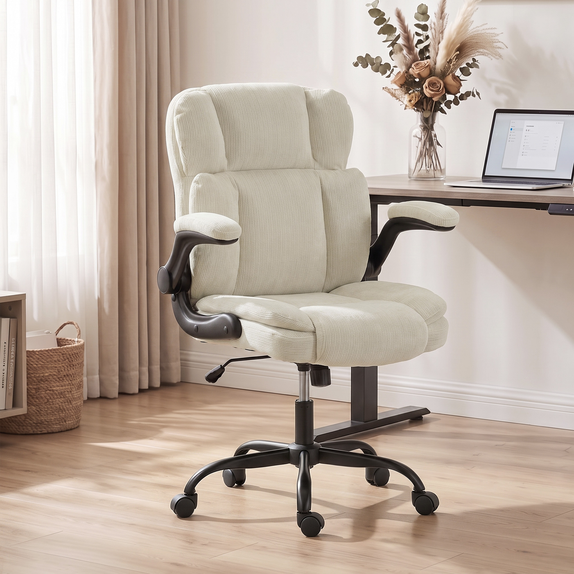 HOMCOM Ergonomischer Bürostuhl aus Chenille, klappbare Armlehnen - Bürosessel, Wippfunktion, höhenverstellbar, ohrenförmige Rückenlehne, 360° Rollen - für Wohnz – Bild 2 von 2