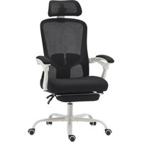 HOMCOM Ergonomischer Bürostuhl, bis 135° neigbar mit Fußstütze, drehbarer Schreibtischstuhl mit 2D-Lendenstütze, 2D-Kopfstütze, höhenverstellbar, Netz, Schwarz 