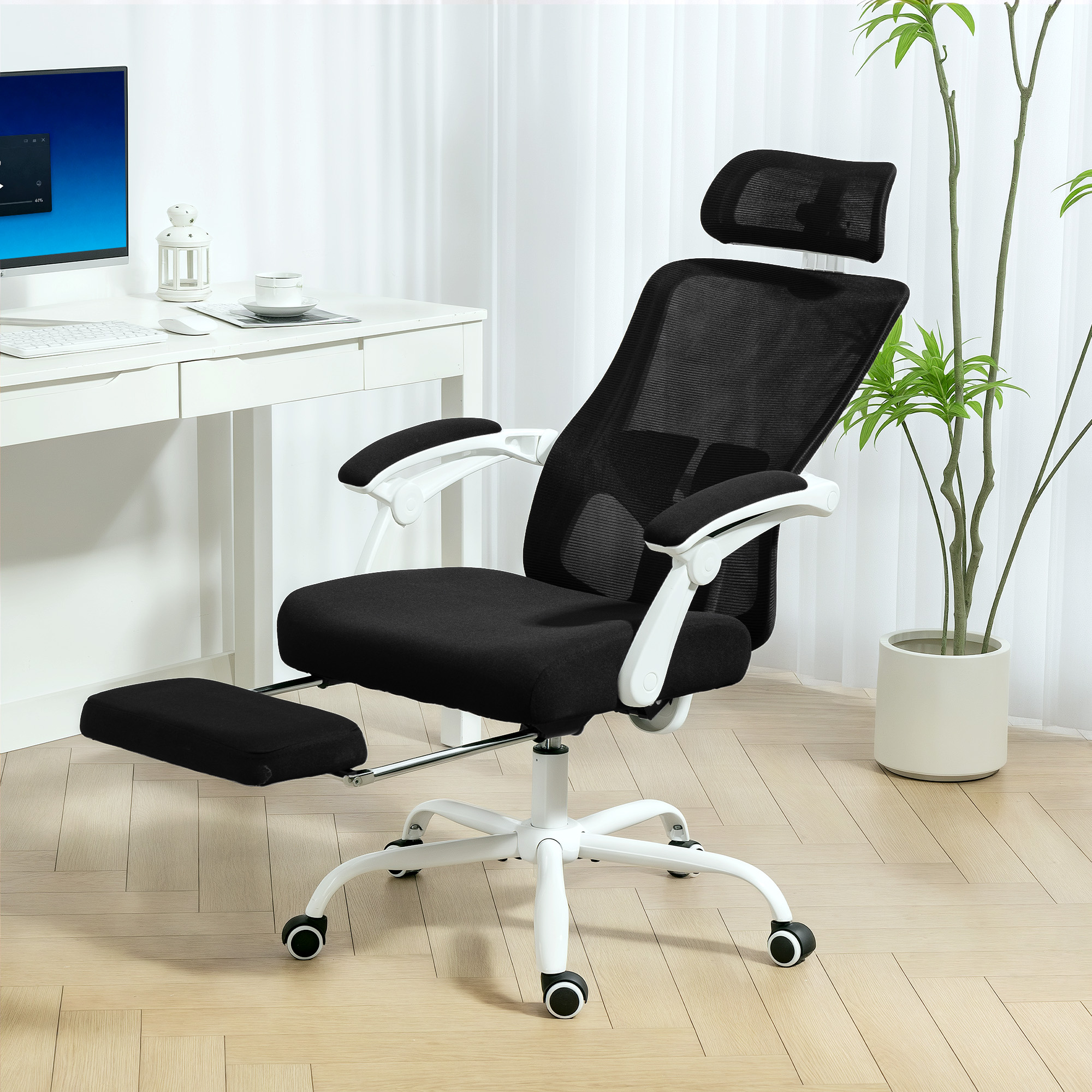HOMCOM Ergonomischer Bürostuhl, bis 135° neigbar mit Fußstütze, drehbarer Schreibtischstuhl mit 2D-Lendenstütze, 2D-Kopfstütze, höhenverstellbar, Netz, Schwarz  – Bild 2 von 2