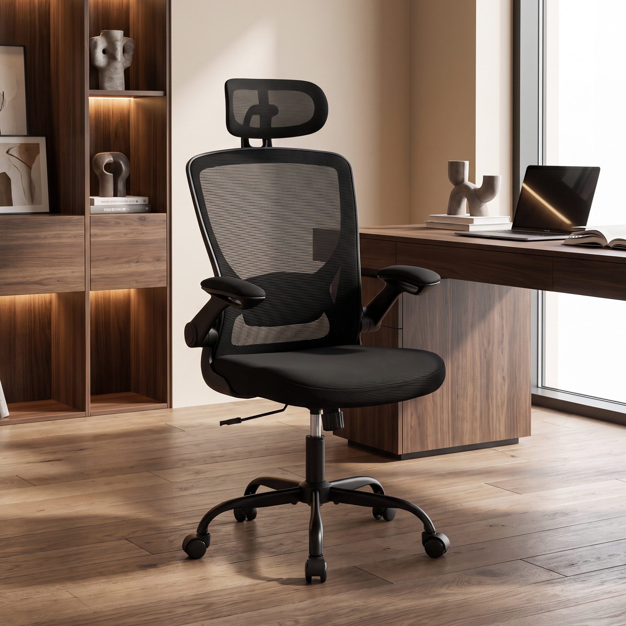 HOMCOM Ergonomischer Bürostuhl, Verstellbare Lenden- und Kopfstütze, Klappbare Armlehnen, Drehstuhl, Höhenverstellbar, Wippfunktion, Atmungsaktives Netz, Schwar – Bild 2 von 2