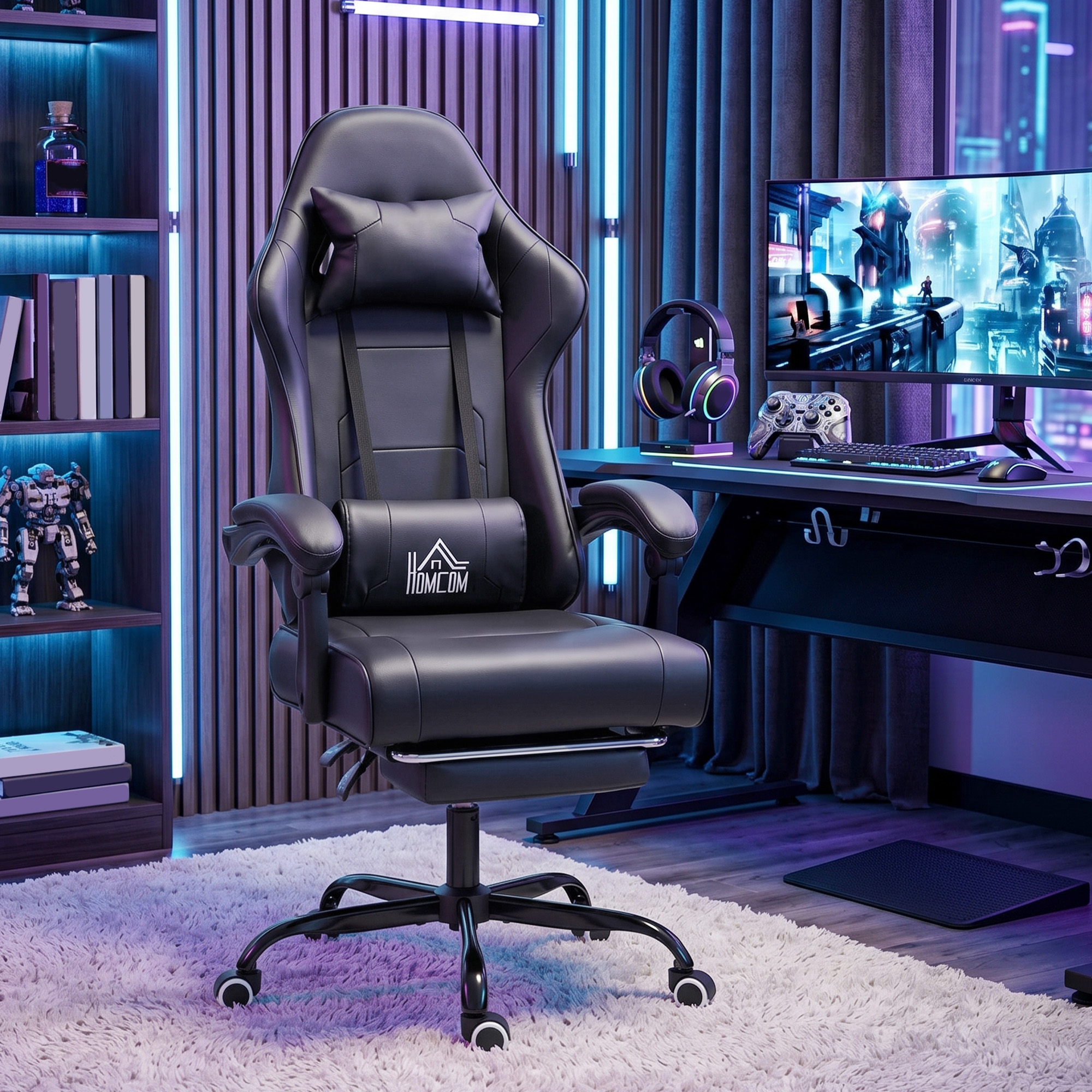 HOMCOM Ergonomischer Gaming-Stuhl, Gaming-Sessel mit massierendem Lendenkissen, neigbare Rückenlehne, höhenverstellbar, Fußstütze, Kopfstütze, 63 x 66 x 126-134 – Bild 2 von 2