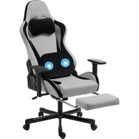 HOMCOM Ergonomischer Gaming-Stuhl mit Massage und beheiztem Lendenkissen, Leinenoptik-Stoff, 4D-Armlehnen, Kopfstütze, ausziehbare Fußstütze, Taschenfeder-Sitz,