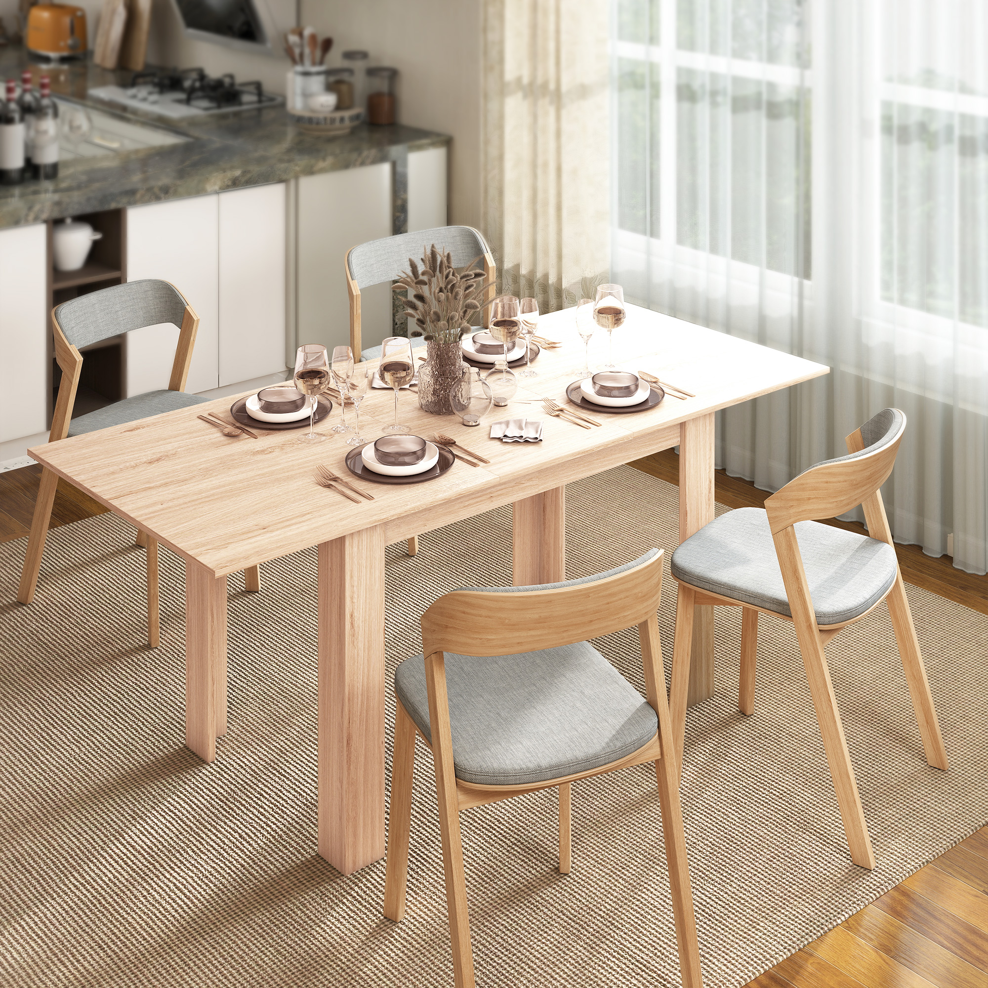 HOMCOM Erweiterbarer Esstisch, rechteckiger Küchentisch, für 8 bis 6 Personen, für kleine Räume, modernes Design, 140-180 x 80 cm, Naturholzoptik Aosom – Bild 2 von 2