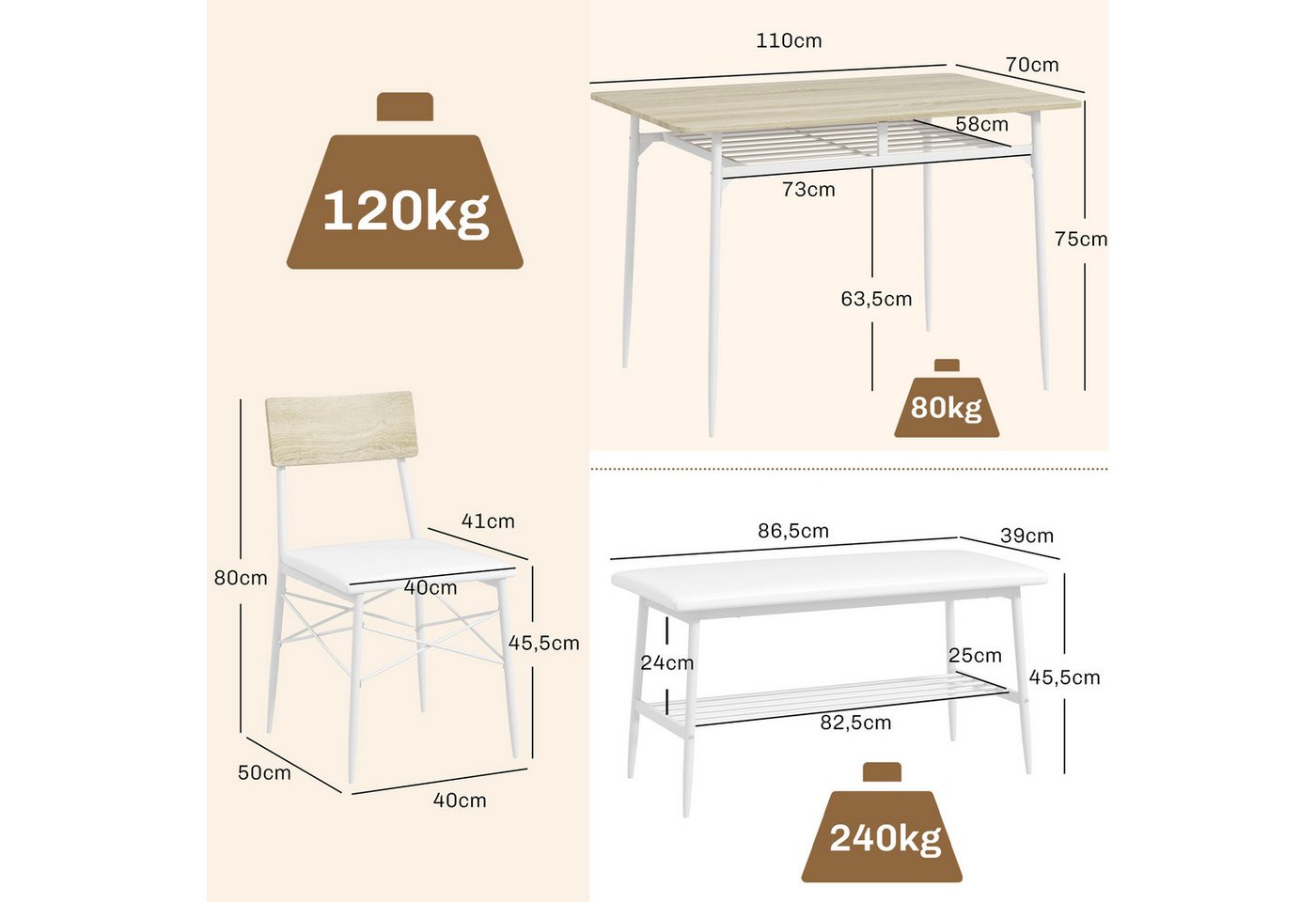 HOMCOM Essgruppe Esstisch mit 2 Stühlen, Bank, (Esszimmergruppe, 4-tlg., Küchentisch-Set), für kleine Räume, Küche, Wohnzimmer, Eiche – Bild 3 von 5