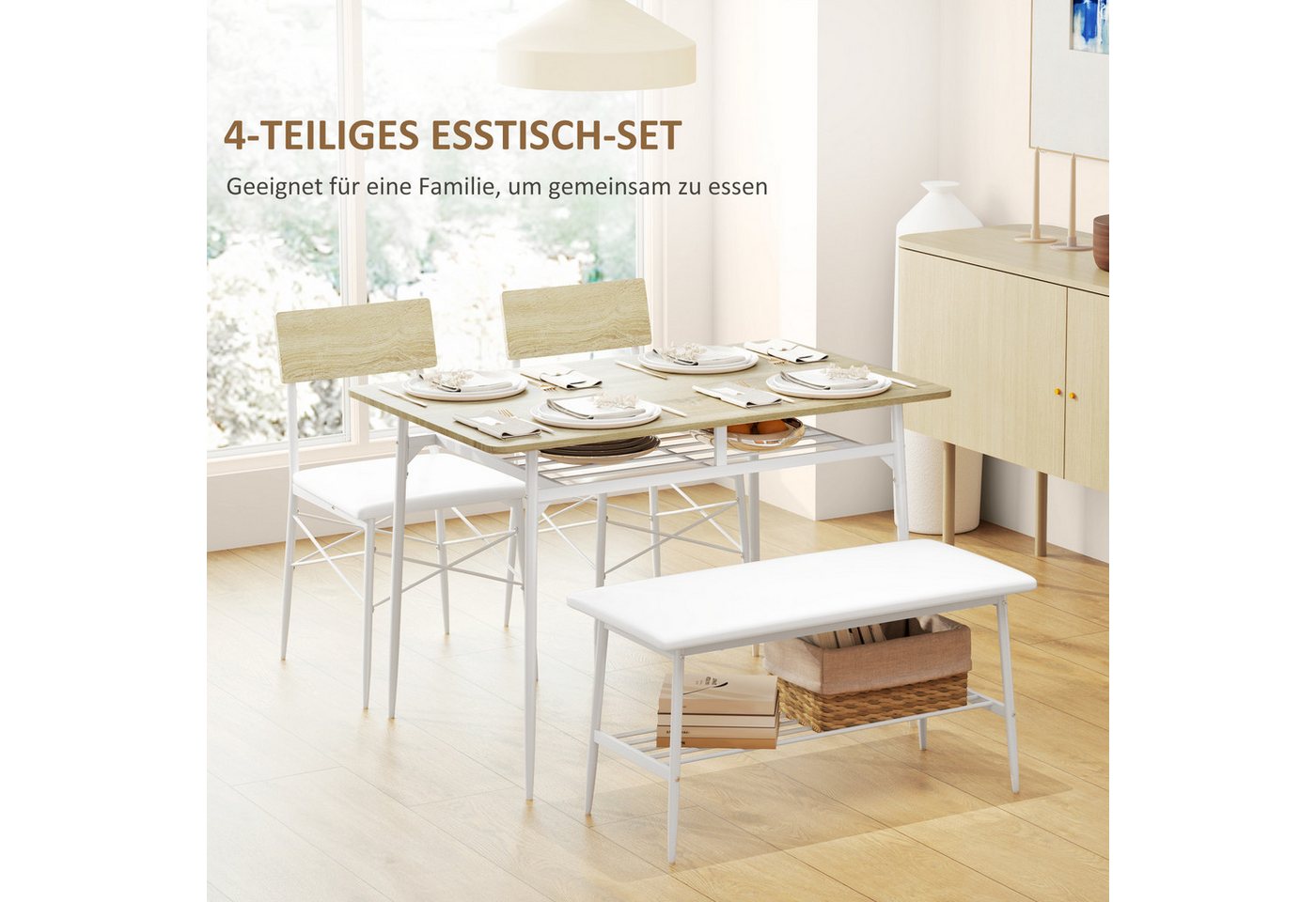 HOMCOM Essgruppe Esstisch mit 2 Stühlen, Bank, (Esszimmergruppe, 4-tlg., Küchentisch-Set), für kleine Räume, Küche, Wohnzimmer, Eiche – Bild 4 von 5