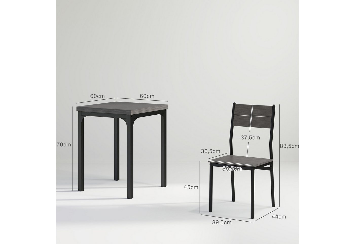 HOMCOM Essgruppe Esstisch mit 2 Stühlen, 4 cm Tischplatte, Metallgestell, Grau, (Esstisch mit 2 Stühlen, 3-tlg., Sitzgruppe), Esszimmergruppe mit Metallgestell  – Bild 3 von 5