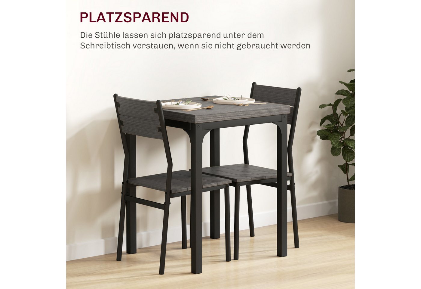 HOMCOM Essgruppe Esstisch mit 2 Stühlen, 4 cm Tischplatte, Metallgestell, Grau, (Esstisch mit 2 Stühlen, 3-tlg., Sitzgruppe), Esszimmergruppe mit Metallgestell  – Bild 4 von 5