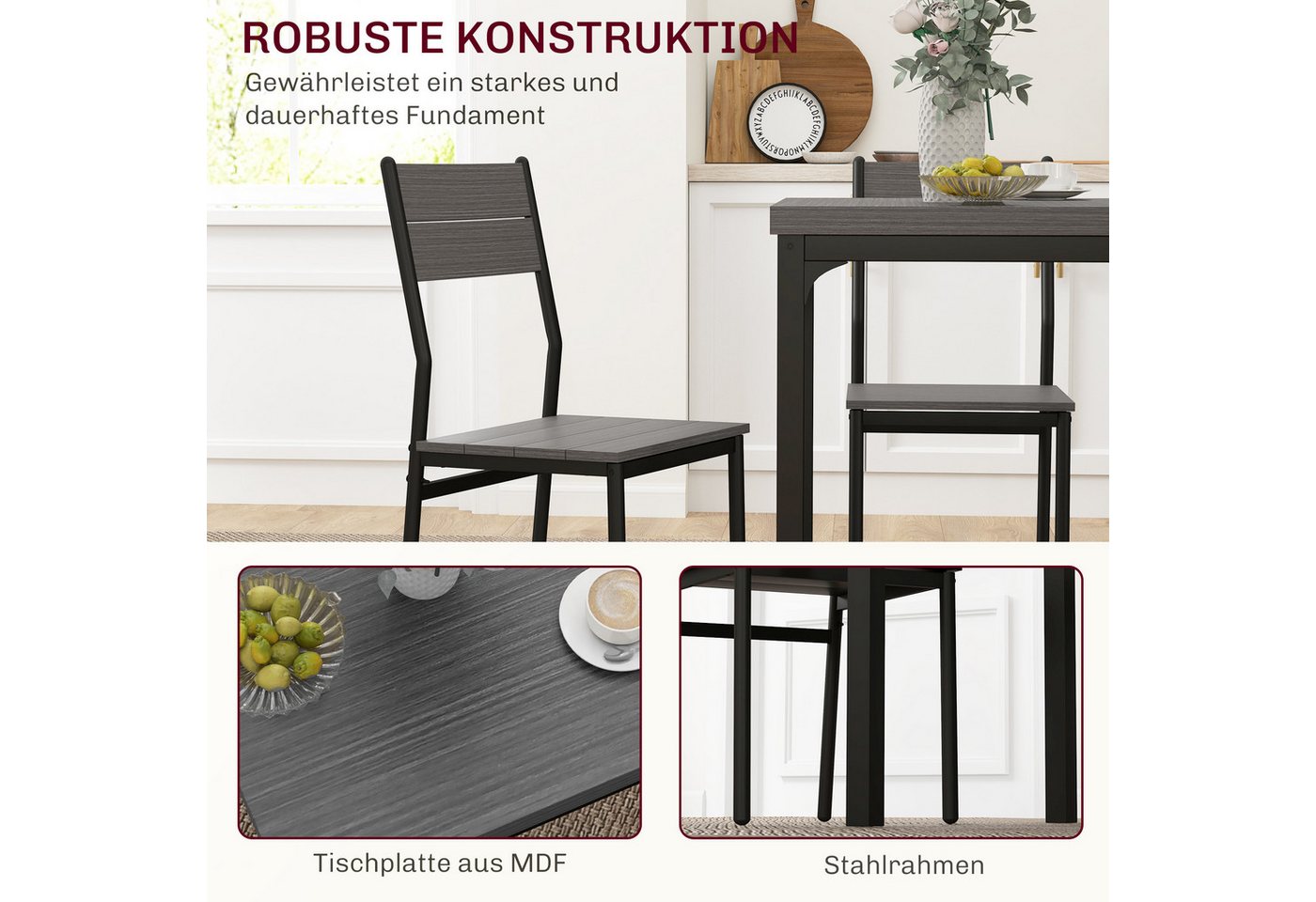 HOMCOM Essgruppe Esstisch mit 2 Stühlen, 4 cm Tischplatte, Metallgestell, Grau, (Esstisch mit 2 Stühlen, 3-tlg., Sitzgruppe), Esszimmergruppe mit Metallgestell  – Bild 5 von 5