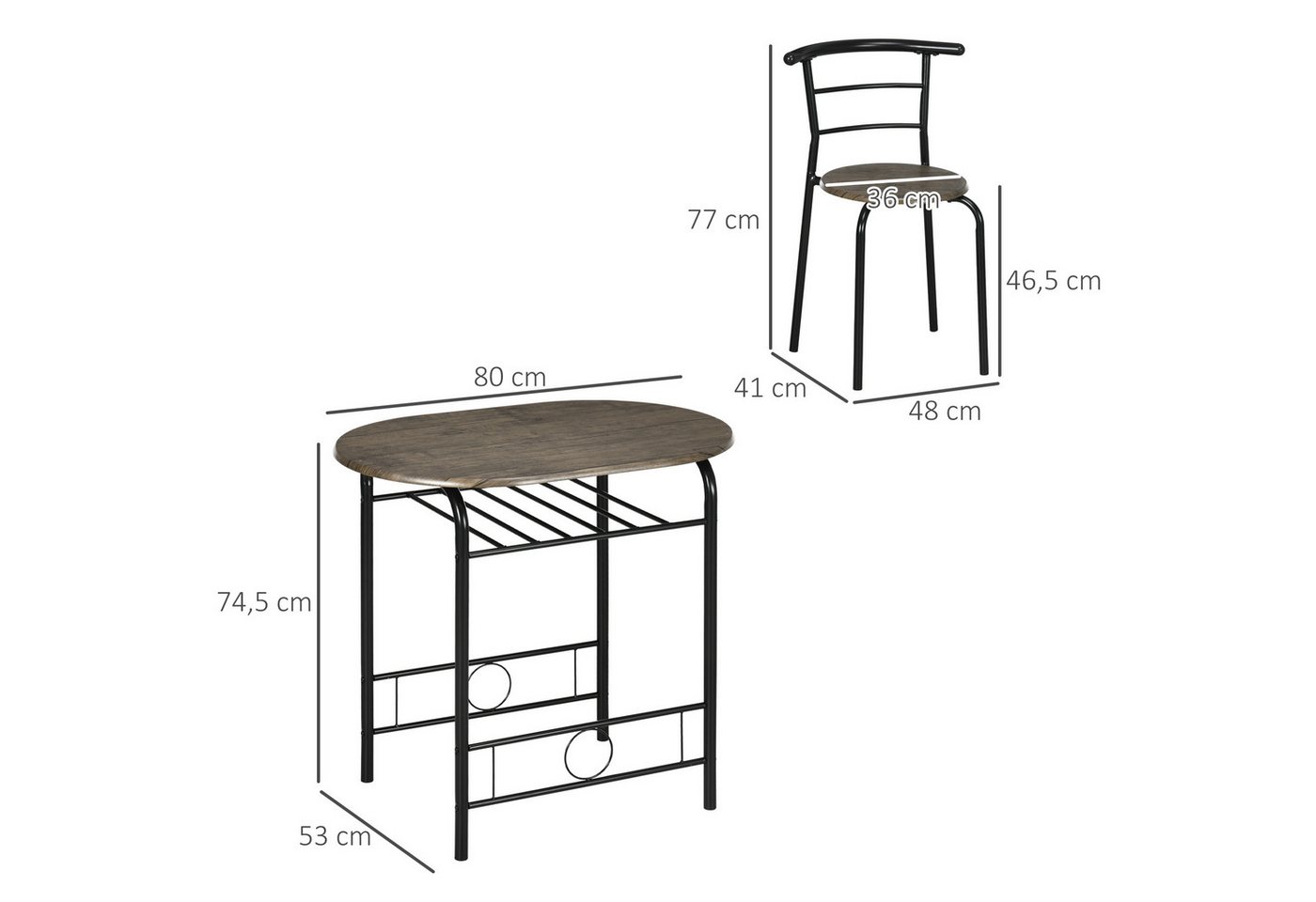 HOMCOM Essgruppe Esstisch mit 2 Stühlen Ablagefach Platzsparend Ovaler, (Tischgruppe, 3-tlg., Küchentisch-Set), für Küche, Metall, Schwarz – Bild 3 von 5