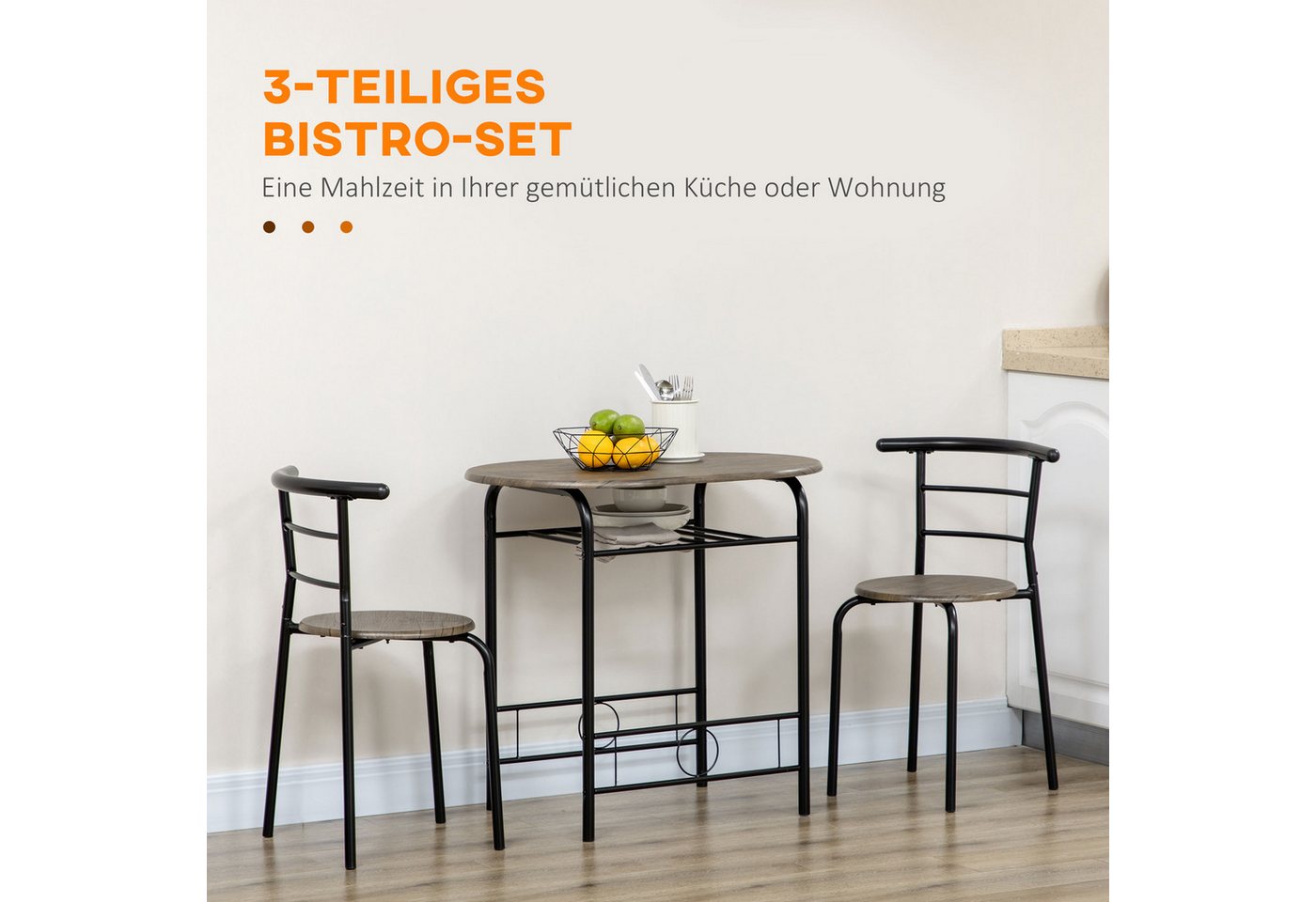HOMCOM Essgruppe Esstisch mit 2 Stühlen Ablagefach Platzsparend Ovaler, (Tischgruppe, 3-tlg., Küchentisch-Set), für Küche, Metall, Schwarz – Bild 4 von 5