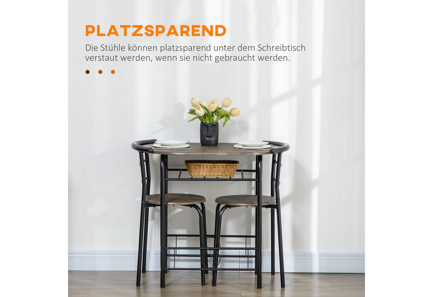 HOMCOM Essgruppe Esstisch mit 2 Stühlen Ablagefach Platzsparend Ovaler, (Tischgruppe, 3-tlg., Küchentisch-Set), für Küche, Metall, Schwarz – Bild 5 von 5