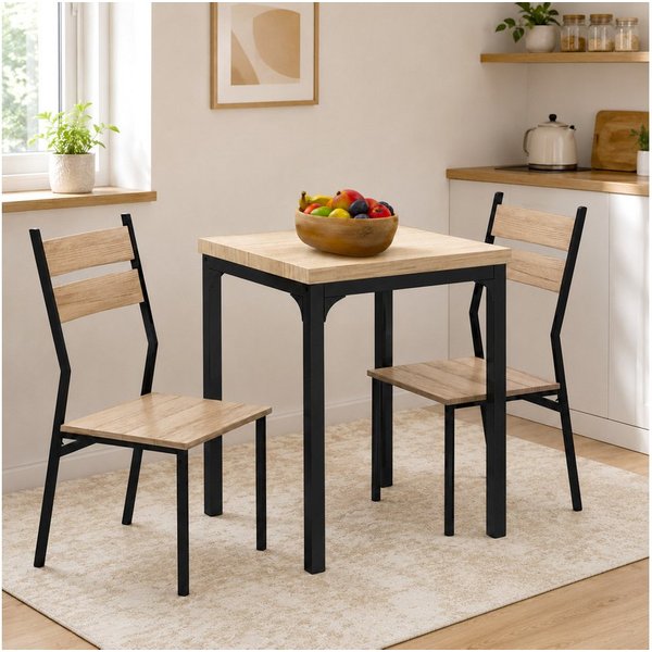 HOMCOM Essgruppe Esstisch mit 2 Stühlen, 4 cm Tischplatte, Metallgestell, schwarz, (Sitzgruppe, 3-tlg., Esstisch Set), MDF Metall Naturholzmaserung+Schwarz