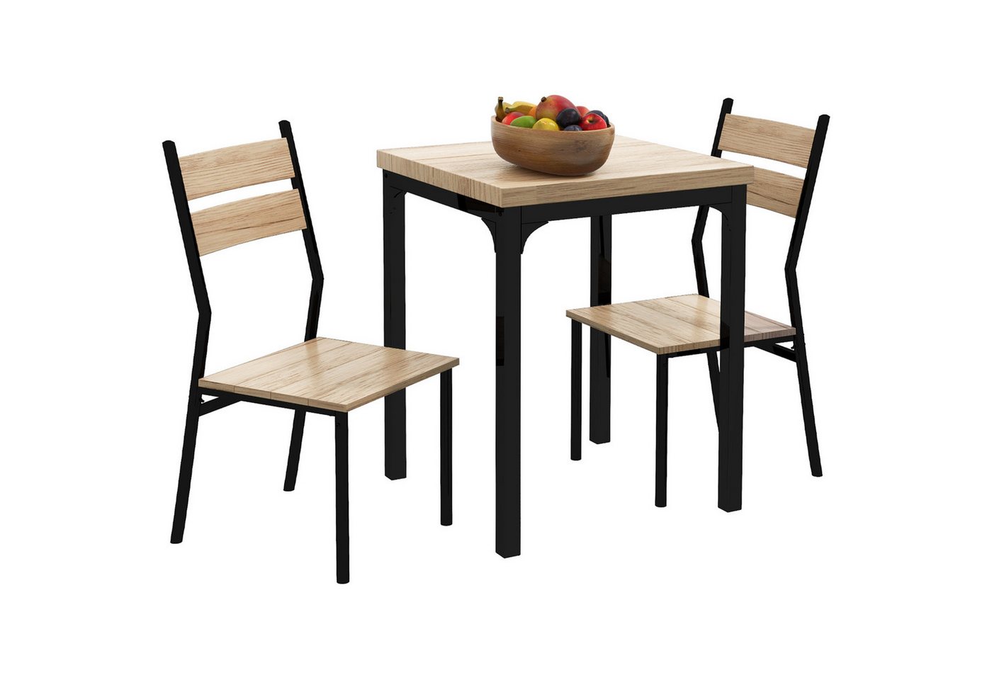 HOMCOM Essgruppe Esstisch mit 2 Stühlen, 4 cm Tischplatte, Metallgestell, schwarz, (Sitzgruppe, 3-tlg., Esstisch Set), MDF Metall Naturholzmaserung+Schwarz – Bild 2 von 5