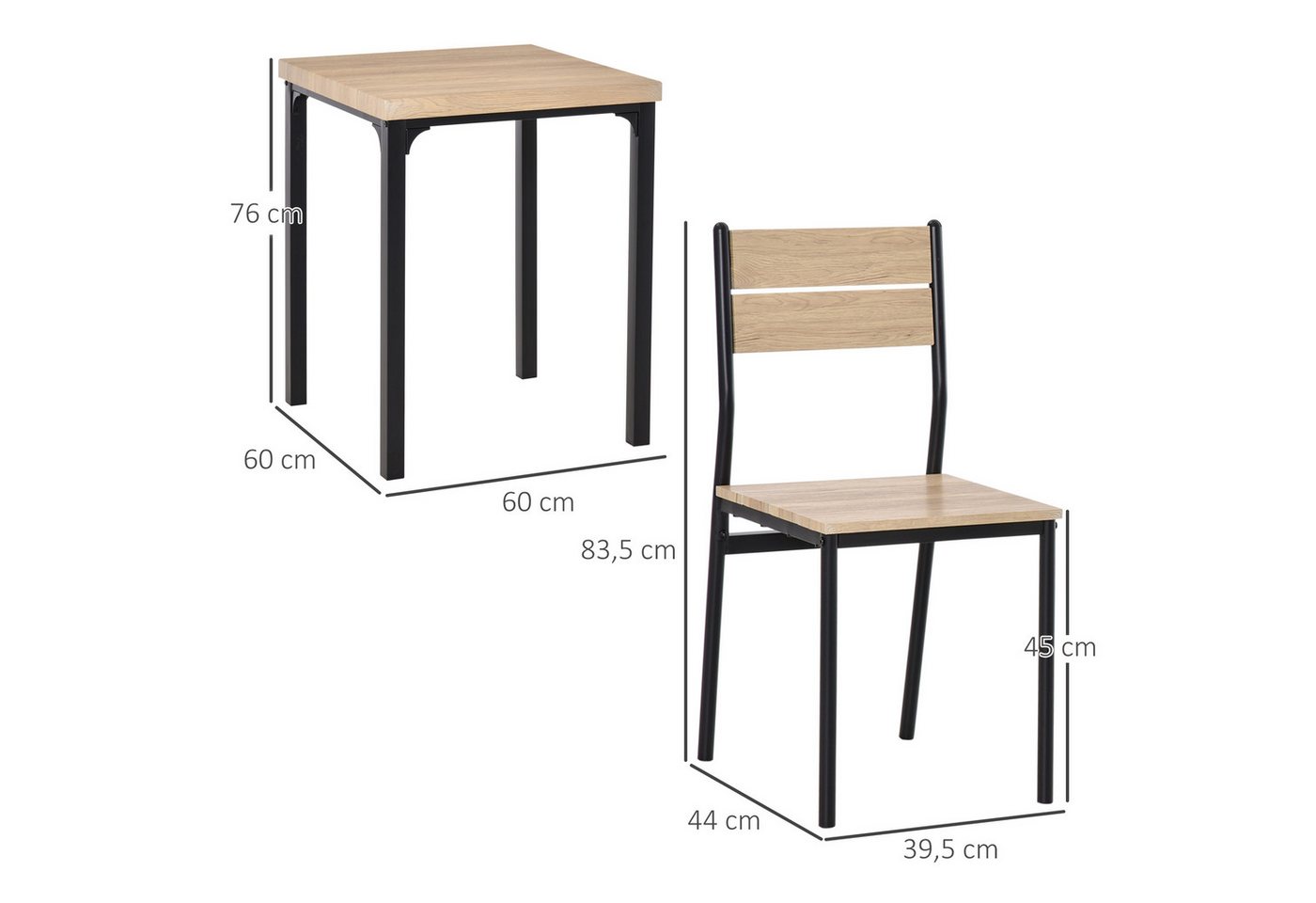 HOMCOM Essgruppe Esstisch mit 2 Stühlen, 4 cm Tischplatte, Metallgestell, schwarz, (Sitzgruppe, 3-tlg., Esstisch Set), MDF Metall Naturholzmaserung+Schwarz – Bild 3 von 5
