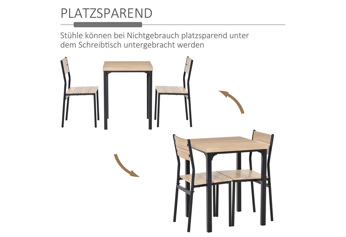 HOMCOM Essgruppe Esstisch mit 2 Stühlen, 4 cm Tischplatte, Metallgestell, schwarz, (Sitzgruppe, 3-tlg., Esstisch Set), MDF Metall Naturholzmaserung+Schwarz – Bild 4 von 5
