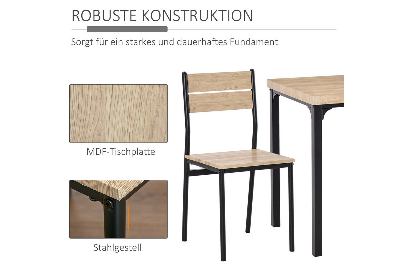 HOMCOM Essgruppe Esstisch mit 2 Stühlen, 4 cm Tischplatte, Metallgestell, schwarz, (Sitzgruppe, 3-tlg., Esstisch Set), MDF Metall Naturholzmaserung+Schwarz – Bild 5 von 5