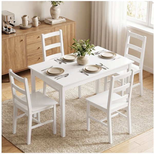 HOMCOM Essgruppe Esszimmergruppe aus Kiefernholz, (Holztisch, 5-tlg., 1 Tisch, 4 Stühle), für Kleine Räume, Esszimmer, Küche, Wohnzimmer, Weiß