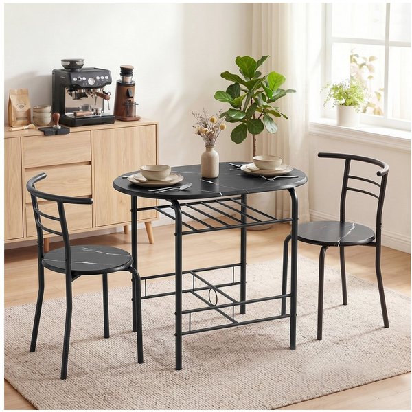 HOMCOM Essgruppe Sitzgruppe Küchentisch mit Metallgestell, Ablageregal, Marmor-Optik, (Set, 3-tlg), Tisch mit Regalablage, platzsparende Stühle