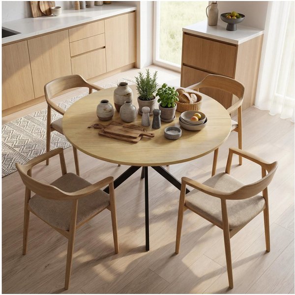 HOMCOM Esstisch Küchentisch im Industriestil mit Stahlbeinen für 4 Personen (für Esszimmer, Küche, Wohnzimmer, 1-St., rund, 100 x 100 x 75 cm), Eiche