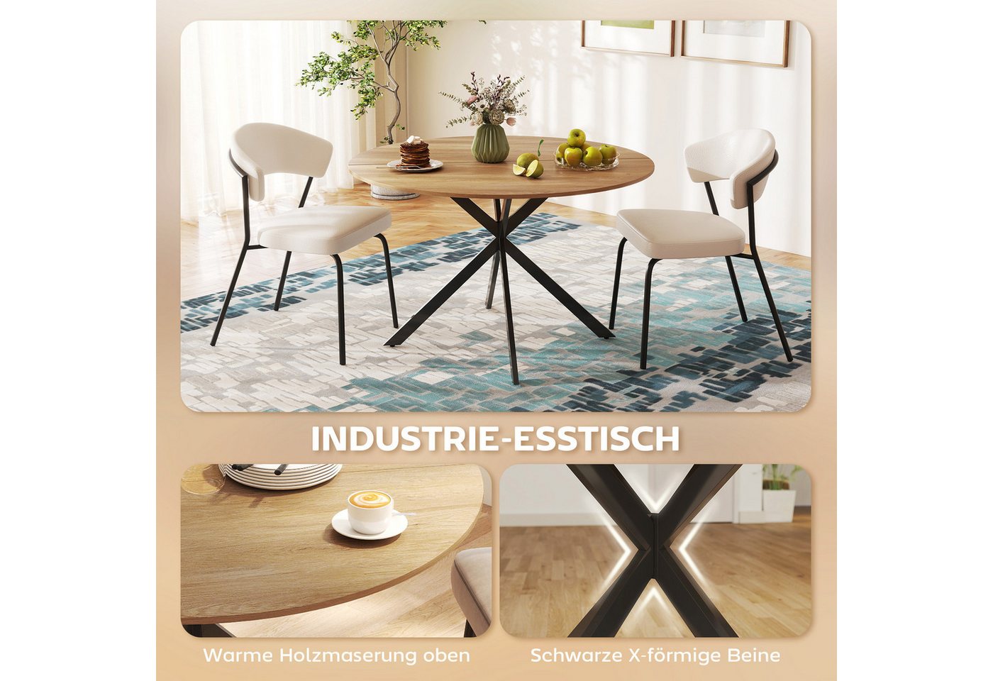 HOMCOM Esstisch Küchentisch im Industriestil mit Stahlbeinen für 4 Personen (für Esszimmer, Küche, Wohnzimmer, 1-St., rund, 120 x 120 x 75 cm), Eiche – Bild 4 von 5