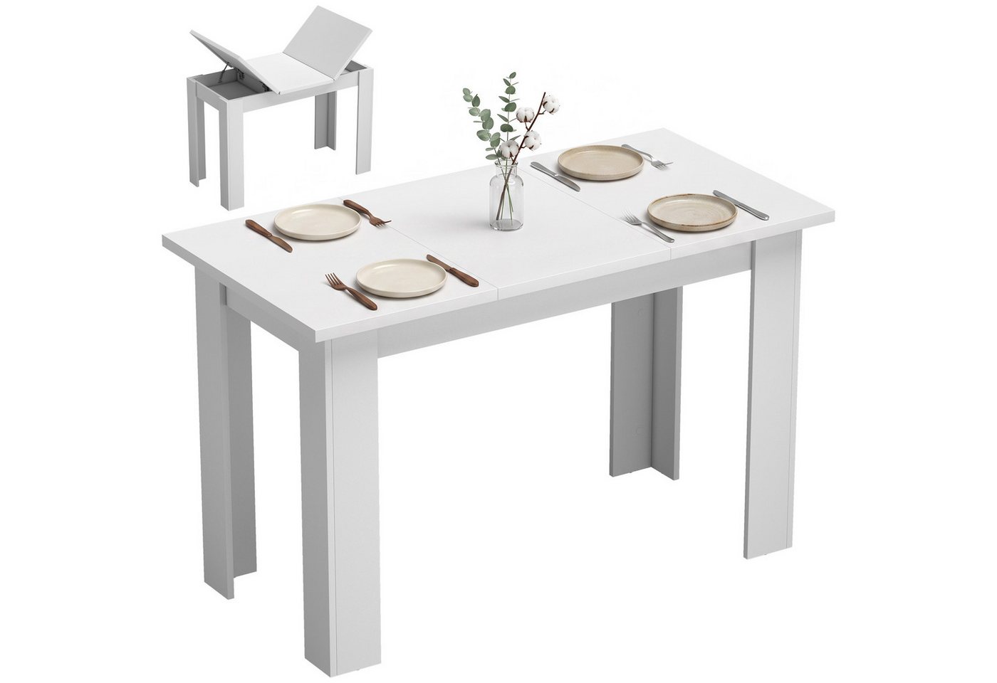 HOMCOM Esstisch Küchentisch mit 2 Fächern und 3 cm Tischplatte, Weiß (Esszimmertisch, 1-St., 1 Tisch), für Kleine Räume, Esszimmer, Küche, Weiß – Bild 2 von 5