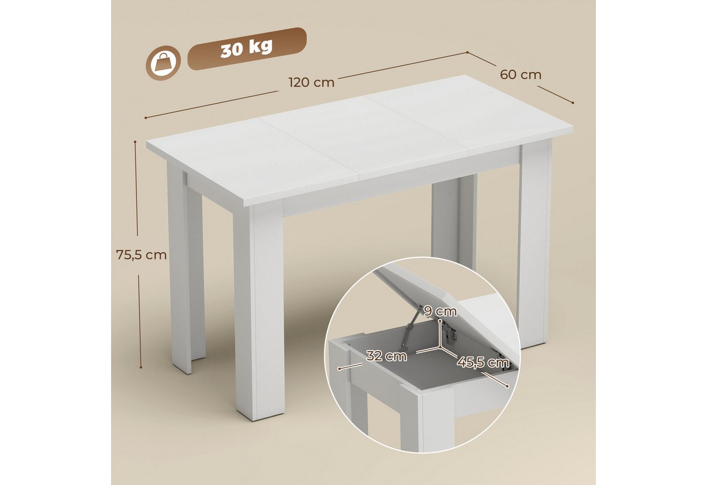 HOMCOM Esstisch Küchentisch mit 2 Fächern und 3 cm Tischplatte, Weiß (Esszimmertisch, 1-St., 1 Tisch), für Kleine Räume, Esszimmer, Küche, Weiß – Bild 3 von 5