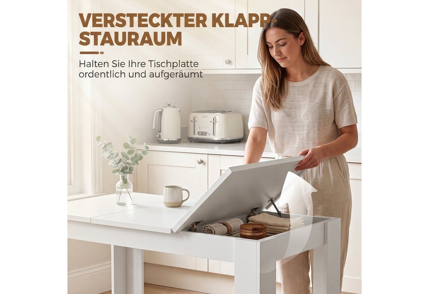 HOMCOM Esstisch Küchentisch mit 2 Fächern und 3 cm Tischplatte, Weiß (Esszimmertisch, 1-St., 1 Tisch), für Kleine Räume, Esszimmer, Küche, Weiß – Bild 5 von 5
