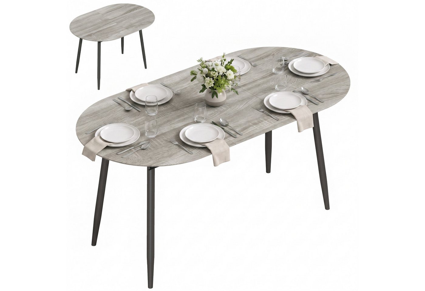 HOMCOM Esstisch Ovaler Küchentisch mit 1,8 cm Tischplatte und Metallbeinen (Set, 1-St., 1 Tisch), Ausziehbar 120-160 cm, für 4-6 Personen – Bild 2 von 5