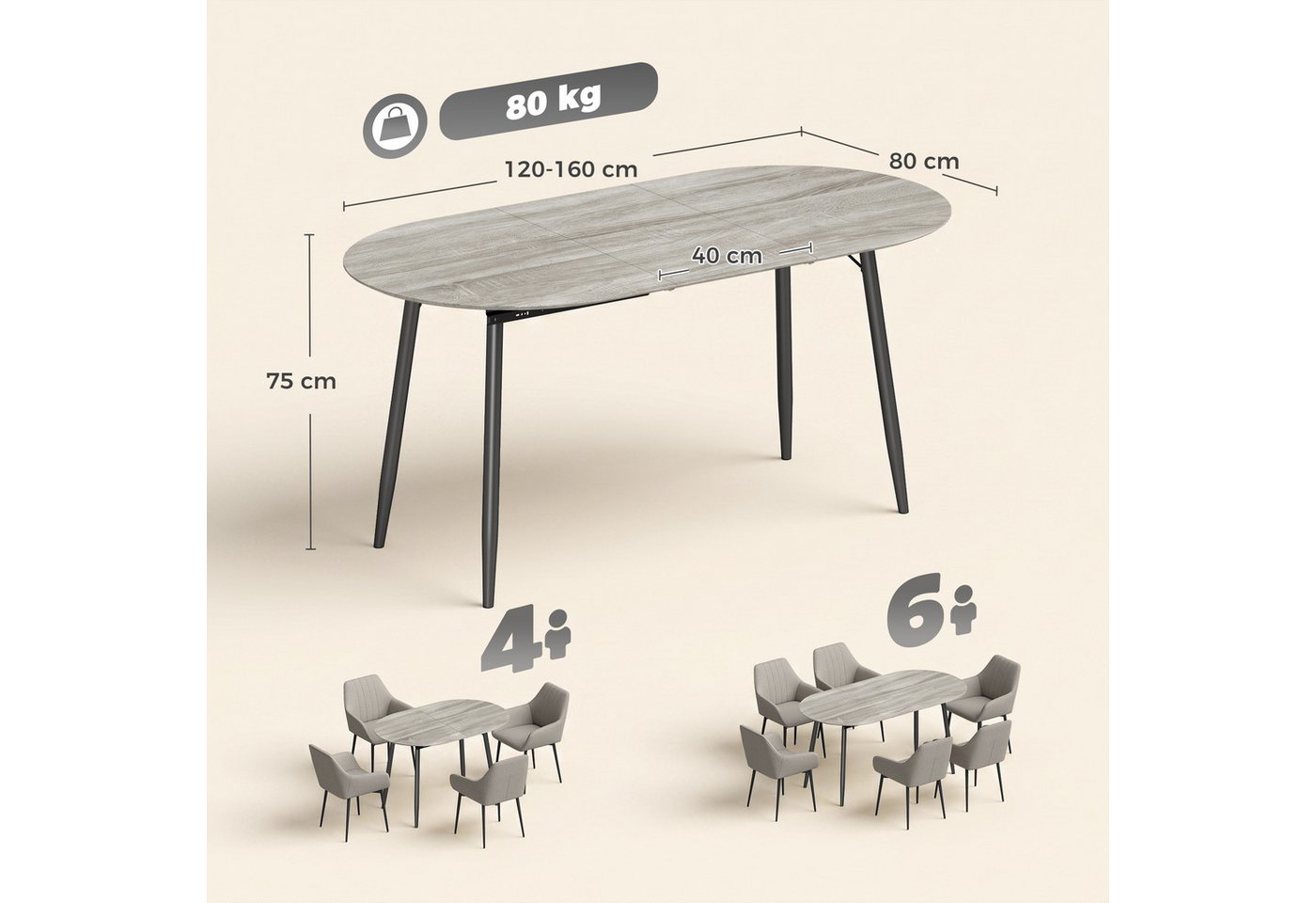 HOMCOM Esstisch Ovaler Küchentisch mit 1,8 cm Tischplatte und Metallbeinen (Set, 1-St., 1 Tisch), Ausziehbar 120-160 cm, für 4-6 Personen – Bild 3 von 5