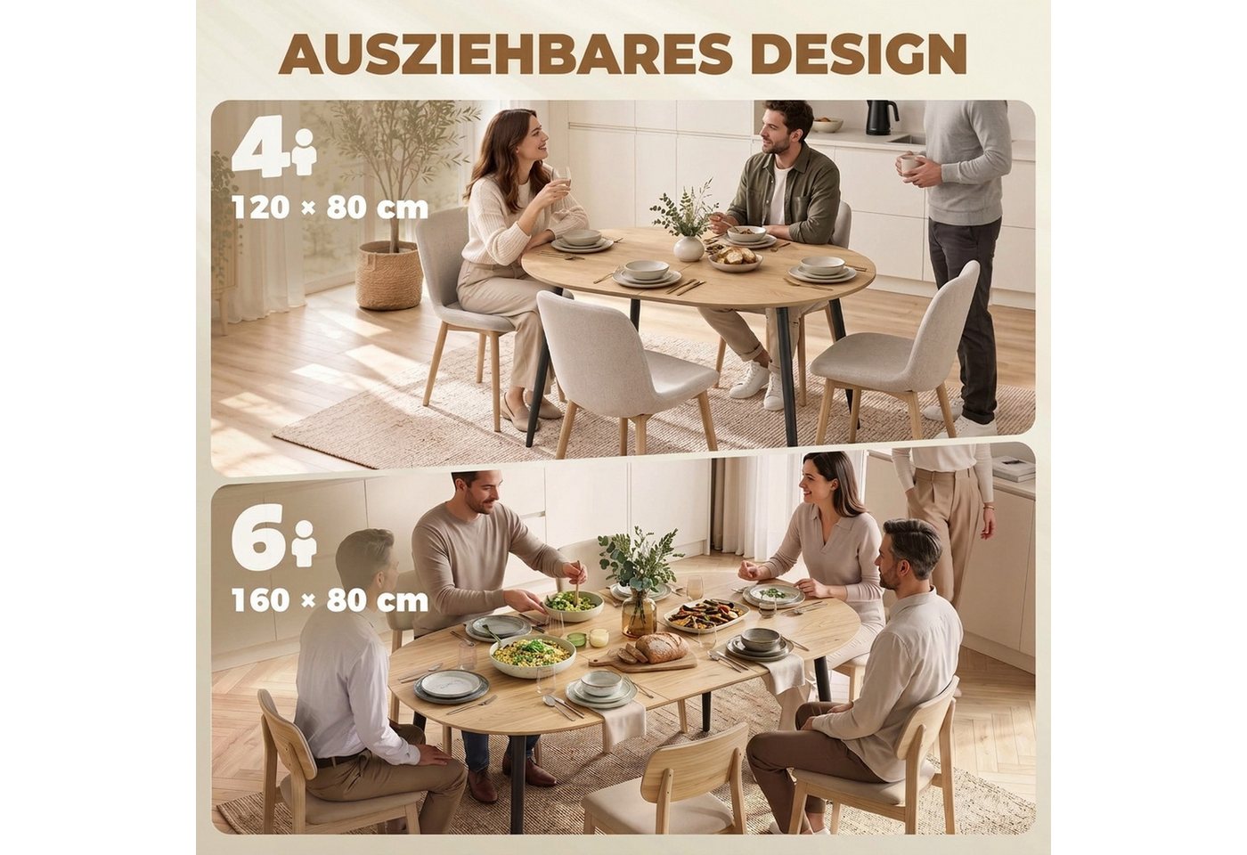HOMCOM Esstisch Ovaler Küchentisch mit 1,8 cm Tischplatte und Metallbeinen (Set, 1-St., 1 Tisch), Ausziehbar 120-160 cm, für 4-6 Personen – Bild 4 von 5