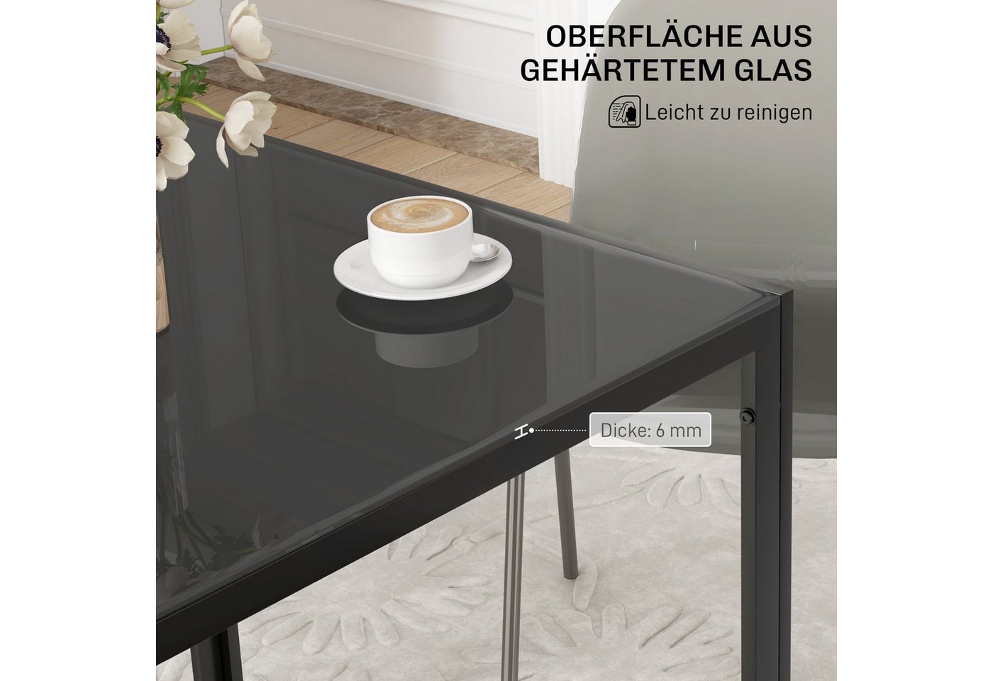 HOMCOM Esstisch Quadratischer Tisch, für 4 Personen, Hartglas mit Metallbeine (Esszimmertisch, 1-St., Küchentisch), bis 80 kg belastbar, für Küche, Esszimmer, 7 – Bild 4 von 5